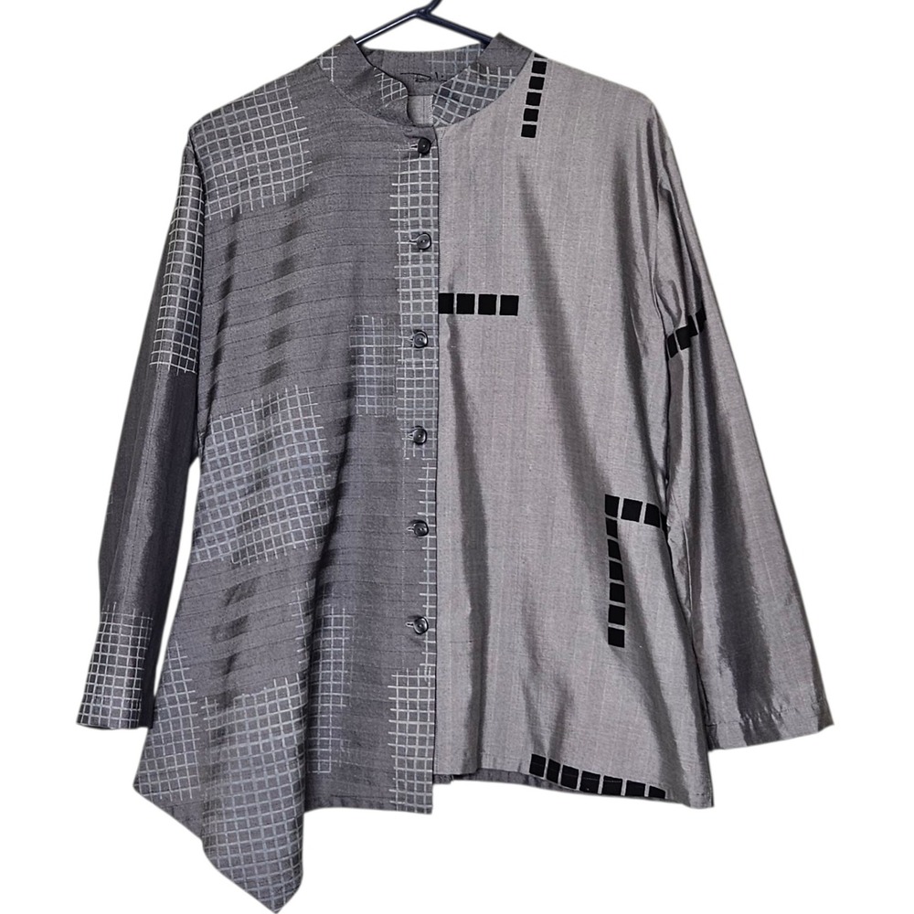 Abstract Asymmetrical Button Up Blouse‎ Gray Unique Long Sleeve Art You Wear L
